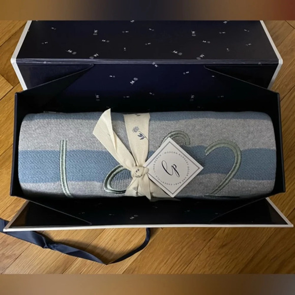 Linen Perch Twin or Sibling Baby Blanket in Gift Box “1 of 2” Blue & Gray - Picture 2 of 6